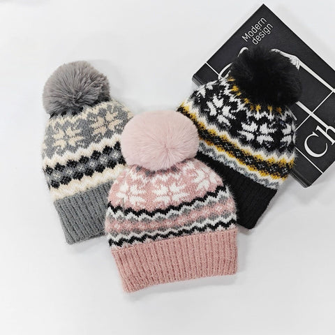 Ladies Fairisle Pom Pom Bobble Knitted Hat HH2533
