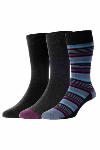 HJ Hall Classic Collection Men's Cotton Rich 3-Pair Pack Socks HJ326-3 Stripe&Plain