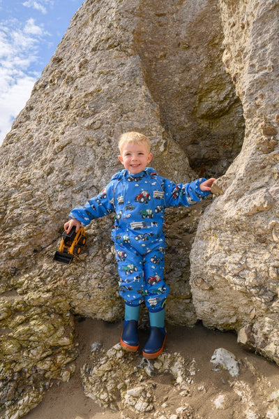 Little Lighthouse Jamie Boy's Puddlesuit - Blue Farm Machinery Print