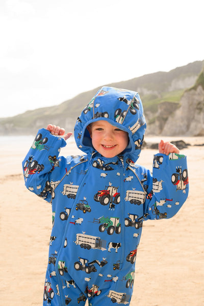 Little Lighthouse Jamie Boy's Puddlesuit - Blue Farm Machinery Print