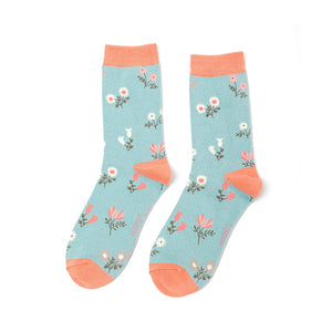 Miss Sparrow Ladies Bamboo Socks Dainty Floral Socks Duck Egg