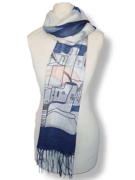 Ladies Print Fringe Scarf LP3603 Assorted Blue White Prints