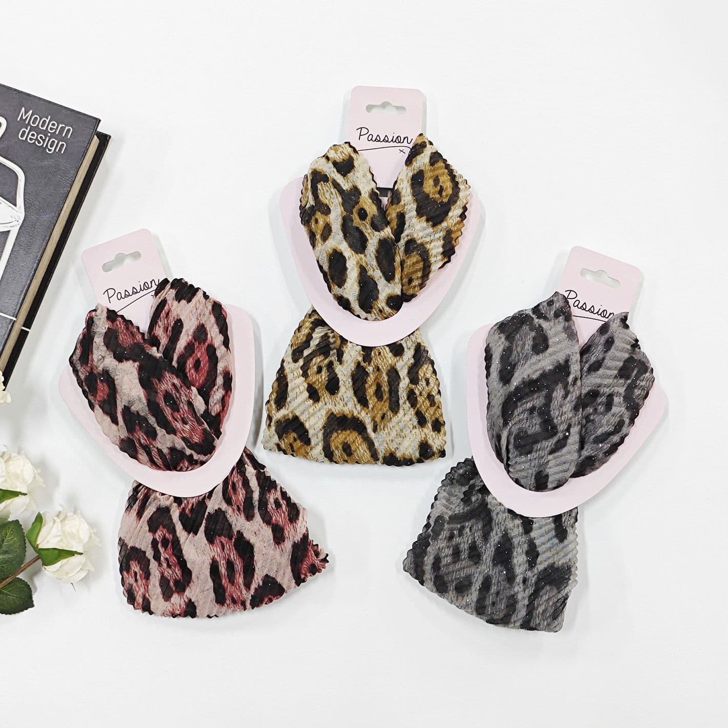 Silver Glitter Print Crinkle Magnetic Scarf MM2024 Leopard