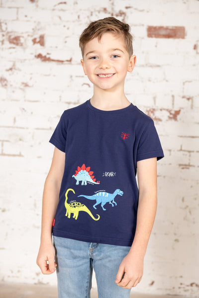 Little Lighthouse Boy's Oliver Short Sleeve Top - Navy Dino Print