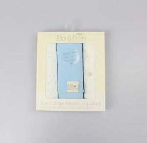 Ela & Ren Large Muslin Squares Boxed 3 Pack Blue Teddy Moon  E13414