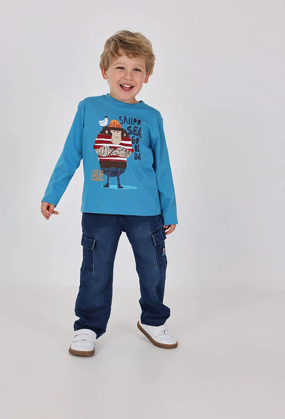 Boboli Boy's Denim Pants Blue With Striped Elasticated Waistband