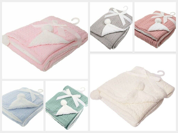 Soft Touch Cable Knit Baby Wrap with Pom Pom + Soft Sherpa Back FBP188 Various Colours