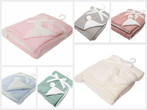 Soft Touch Cable Knit Baby Wrap with Pom Pom + Soft Sherpa Back FBP188 Various Colours