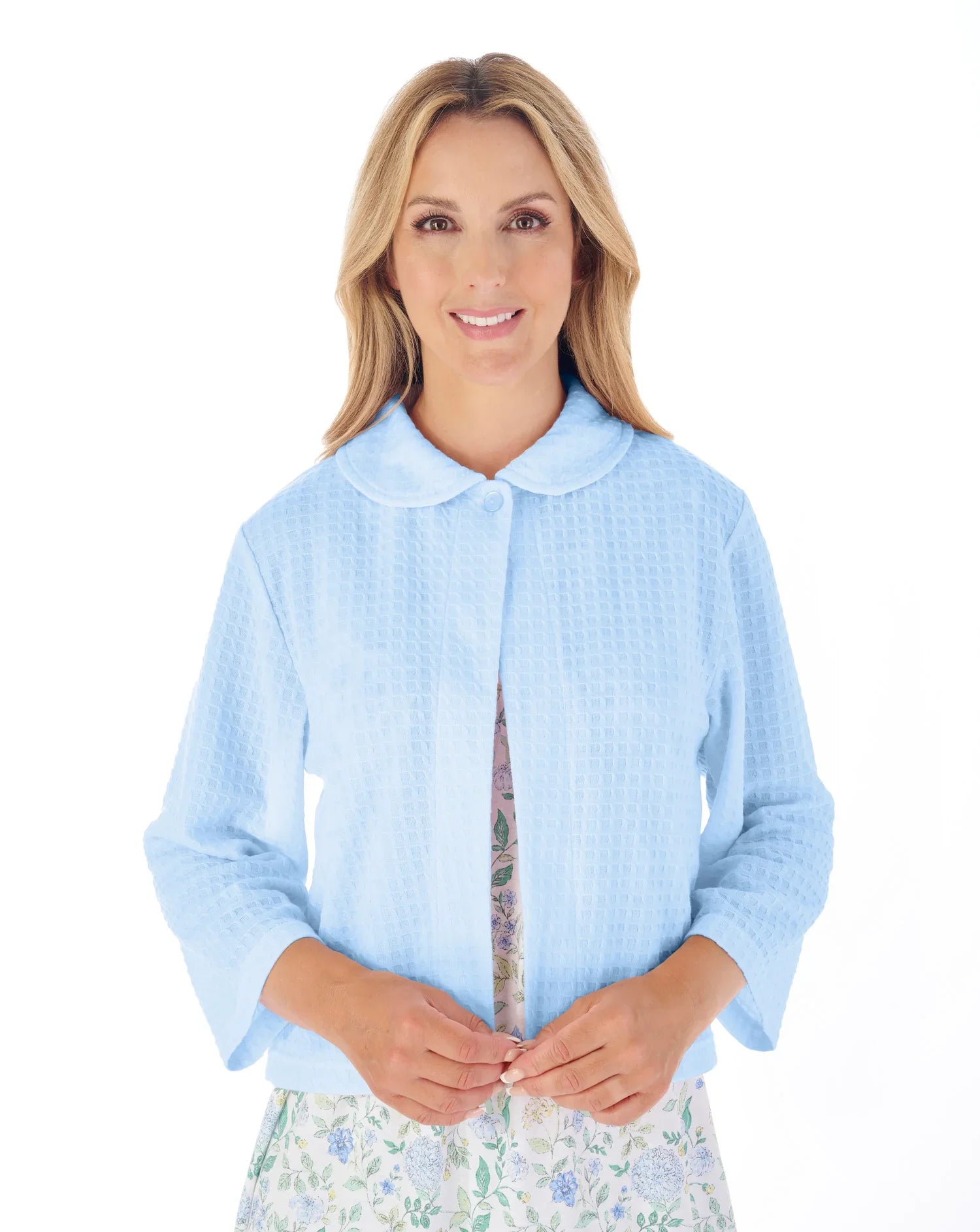 Slenderella Ladies Houndstooth Knit Button Top Bedjacket BJ3304 BLUE