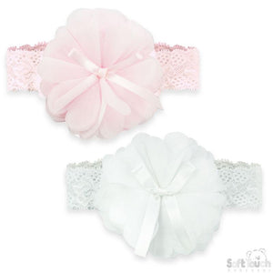 Soft Touch Baby Girls Pink & White Headband W/Organza Flower & Bow -HB95