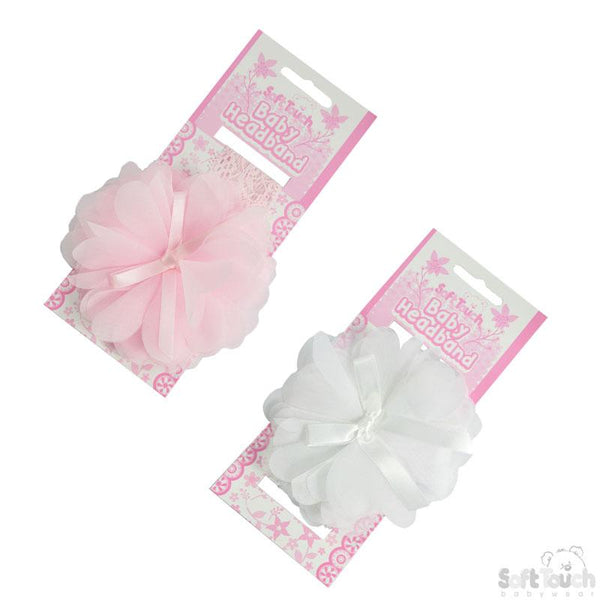 Soft Touch Baby Girls Pink & White Headband W/Organza Flower & Bow -HB95