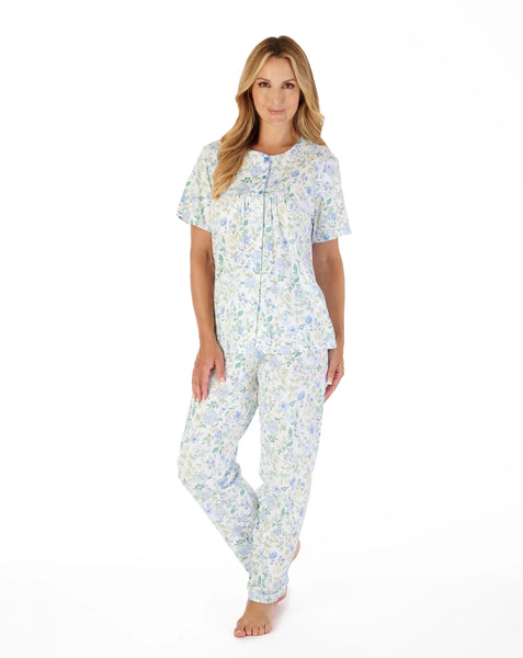 Slenderella Ladies Trailing Jersey Pyjama Set PJ03134 Floral Print BLUE