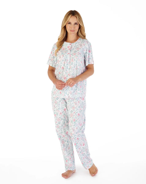 Slenderella Ladies Trailing Jersey Pyjama Set PJ03134 Floral Print BLUE