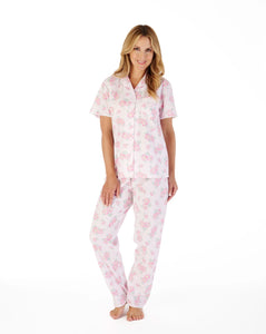 Slenderella Ladies Shadow Leaf Tailored Pyjama Set PJ03209 Floral Print PINK