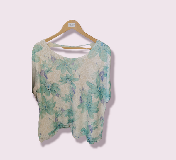 Ladies One Size Flower Print Lace Top  White A52