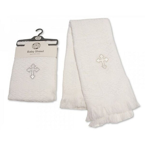 Snuggle Baby Christening Shawl with Embroidered Silver Cross - White