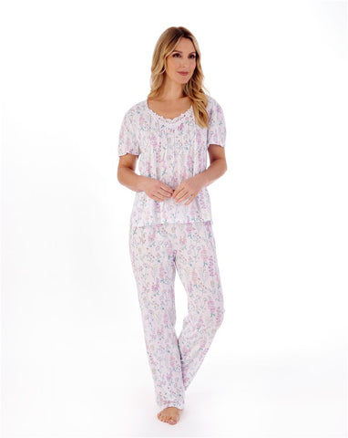 Slenderella Ladies Floral Meadow Print Shaped Neck Pyjama Set PJ01114 Pink