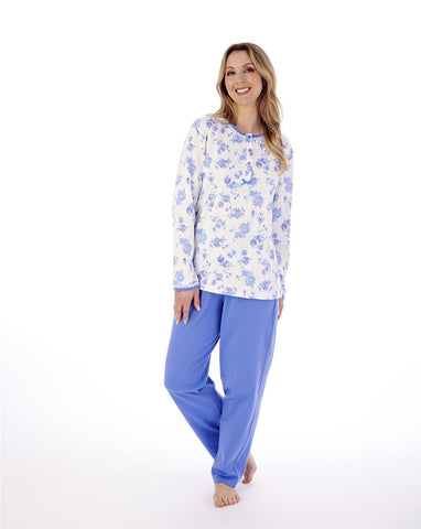 Slenderella Ladies Floral Print & Plain Interlock Pyjama Set PJ02128 Blue