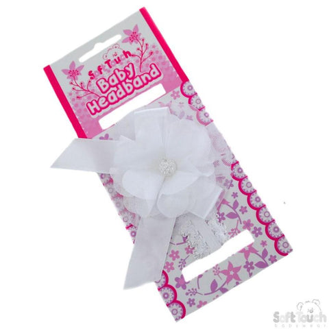 Soft Touch Baby Girls Lace Headband W/Lace Flower & Bow W/Gem: HB45-W White