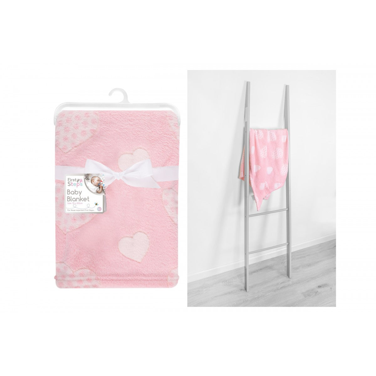 First Steps PINK BABY BLANKET 75X100CM HEART DESIGN