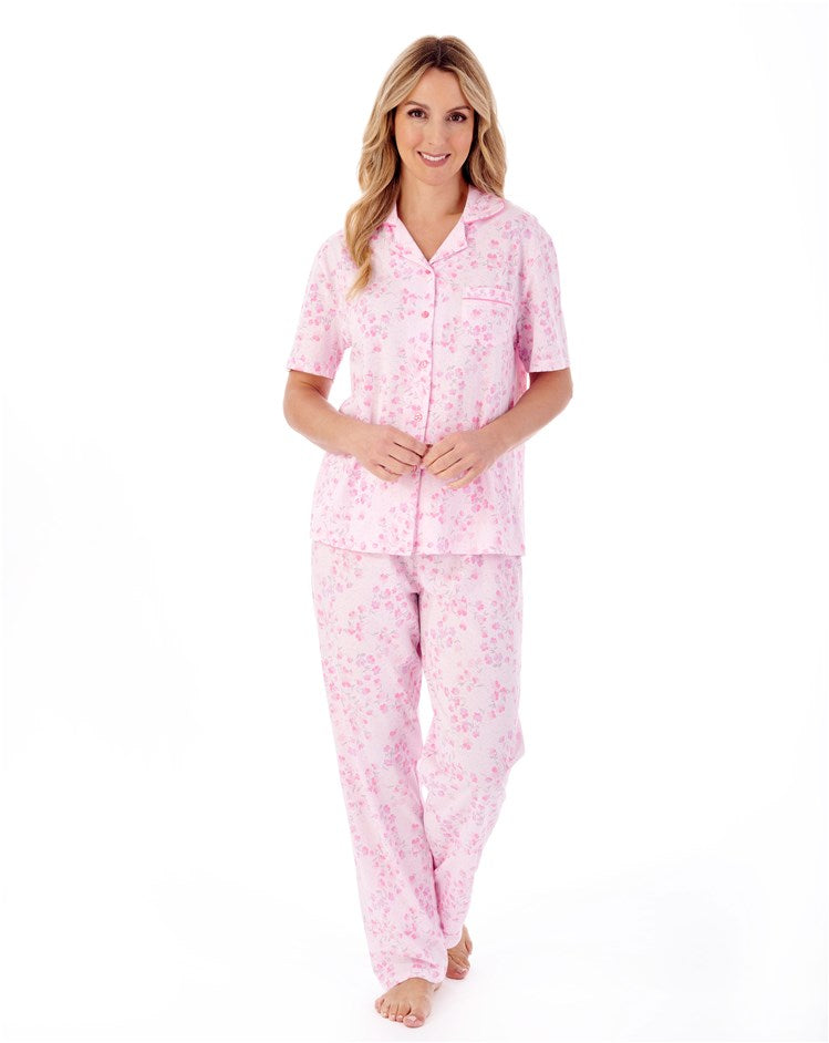 Slenderella Ladies Trailing Floral Print Jersey Pyjama Set PJ01104 Pink
