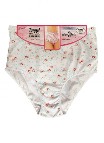 Ladies 100% Cotton 3 pair pack Floral Tunnel Elastic Briefs